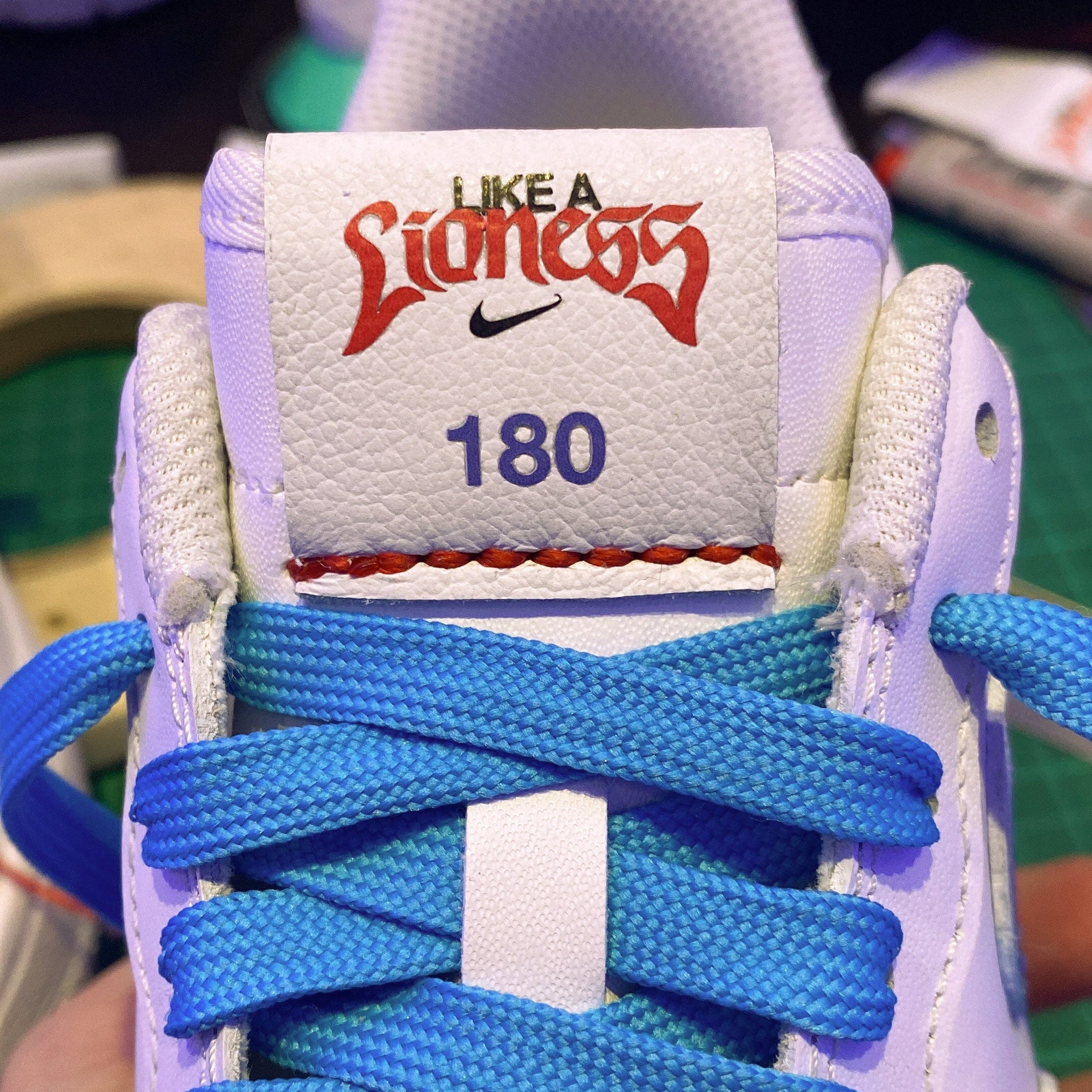 Custom Lionesses' themed tongue tab for Air Force 1 trainer by CANVVS