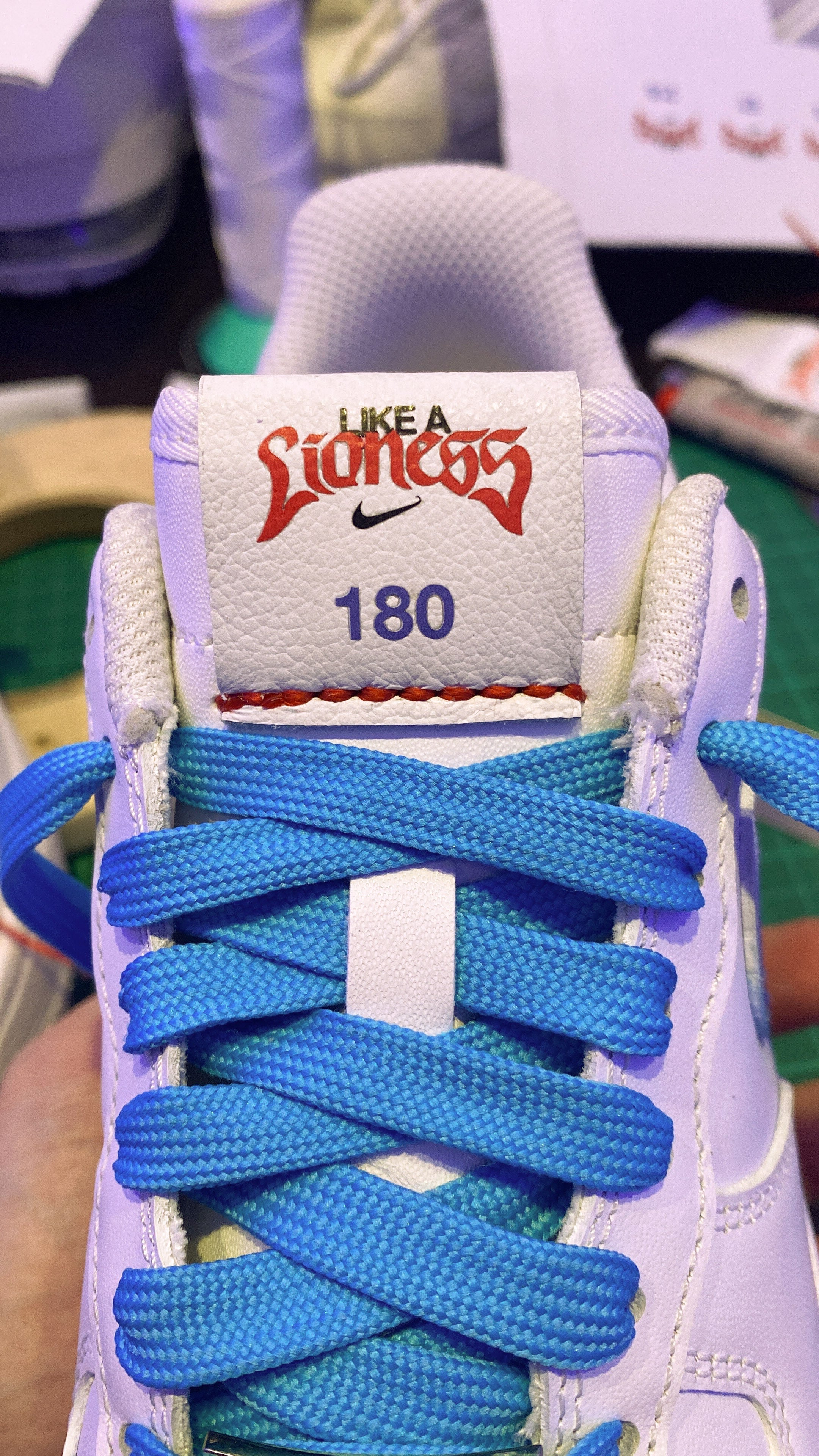 Custom Lionesses' themed tongue tab for Air Force 1 trainer by CANVVS